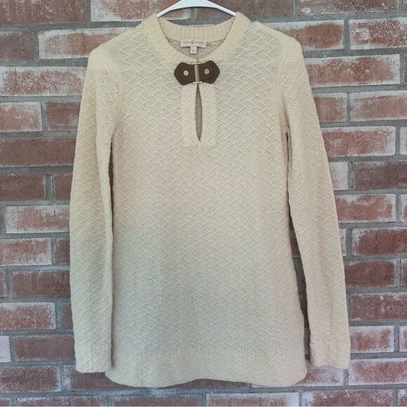 Tory Burch Wool Alpaca Tunic Knit Mim Sweater Women’s XS Cream Leather Accent - Picture 1 of 9